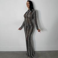 Madingos seksualios naktinio klubo „Drill Mesh“ suknelės ilgomis rankovėmis S juoda
