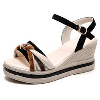 Summer Woven Microfiber Upper Women Sandals Heel Height 7cm Back Strap Buckle Sandals Shoes For Women 5.5 beige
