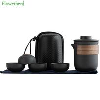 Ceramic Kung Fu Tea Set with Travel Bag Teaware Porcelain Tea Pot and Cup Set Chinese Portable One Teapot and Four Cups B black