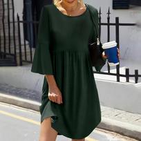 Women's Solid Color Round Neck Seven-Part Sleeve Sub Bohemian Dress M