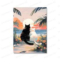 Valentino dienos dovana romantiška miela katė pora saulėlydžio paplūdimio plakatai drobės tapyba sieniniai meno spaudiniai mamai dovana kambario dekoravimui 21x30cm No Framed šviesiai pilka spalva