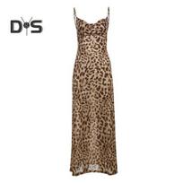 Lady Slip Dress Leopard Print Backless Slim Waist Low-cut V Neck Sleeveless A-line Prom Cocktail Club Party Maxi Dress S