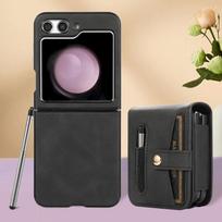 Prabangus PU odinis magnetinis piniginės kortelių krepšys, skirtas Samsung Galaxy Z Flip 5 dėklo diržo segtukas su rašikliu, sulankstytas, atsparus smūgiams, kietas nugarėlės pilnas apsauginis dangtelis For Galaxy Z Flip 5 juoda