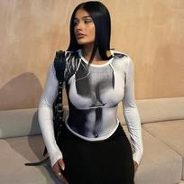 Kaklaraištis dažais ilgomis rankovėmis „Crops“ viršūnės „Crewneck“ ploni marškinėliai, pavasario laisvalaikio marginimo marškinėliai moterims Y2k 3D stereoskopiniai gatvės aprangos marškinėliai L gray