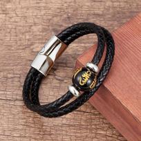 Feng Shui Black Obsidian Bracelet Charm Six Character Motto Bead Genuine Leather Men's Bracelet Good Luck Jewelry Friends Gift 23cm black