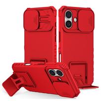 KEYSION Shockproof Armor Case for iPhone 16 Pro Max Slide Camera Lens Protection Live Stand Phone Back Cover for iPhone 16 Plus for iPhone 16 raudona