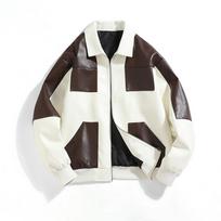 Couple's clothing autumn and winter Hong Kong style high-end retro color-blocking leather jacket men's loose short top motorcycle jacket jacket women S