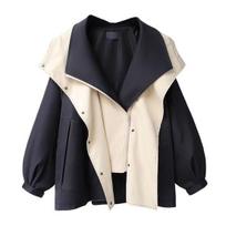 Women Windbreaker Hooded Patchwork Colorblock Zipper And Button Closure Long Sleeves Tight M abrikosas