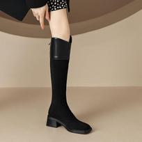 Krazing Pot Microfiber Flock Autumn Winter Shoes Med Heels Riding Boots Zipper Square Toe European Style Keep Warm Knee Boots 34 juoda