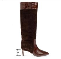 Krazing Pot Cow Skin Autumn Winter Shoes Riding Boots Square Toe Keep Warm Patch Work Stiletto Thin Knee Boots 34 ruda