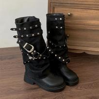 Dizainerio Kniedės Moteriškos Kelnės Kojos Aukšti Batai Madingi Punk Stiliaus Batai Ruduo Žiema Storas Kulnas Ponios Raitelių Ilgi Batai 35 black