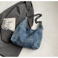 Flower Printed Tote Bag Women's Leisure Commuting Large Capacity Denim Handbags New Simple Chain Shoulder Pack Retro Bucket Bags (30cm<Max Length<50cm) black