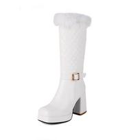 New Fashion Fur Mid-calf Boots Women's Square Toe Winter Boots High Heels Tall Boot Keep Warm Shoes Female Zipper Bottes White 6