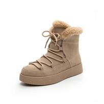 2024 2024 British Style 2024 Winter New Nubuck Snow Fur Boot Women's Thick Sole Plush Warm Round Head Cross-tied Short Ankle Boots 35