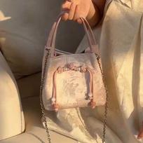 Chinese Style Female Crossbody Bags Summer Pink Shoulder Bags Retro Drawstring Bucket Top-handle Bags Women's Chain Handbags black