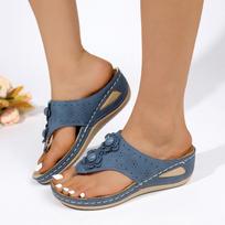 Fashion Women's Fashion Flip-flops Summer New Round Head Open Toe Flower Car Stitched Comfortable Wedge Sandals 43 juoda