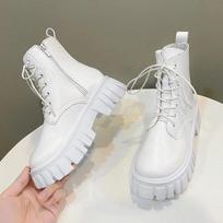 Fashion Botas de motocicleta con plataforma para mujer, botines con cordones, tacón grueso, hebilla de cinturón, bolsillo 35 balta