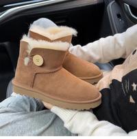 Fashion Real leather, real wool, sheep fur, one-piece buckle, low cut, two on, fashionable, warm, chestnut thick snow boots 36 pilka