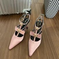 Fashion Baotou Sandals Summer New Cross-belt Hollow Bow Pointed Single Shoe Women's Metal Buckle Stiletto Heels 34 rožinė