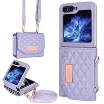 Rankinė ant peties su kortelių laikikliu Odinis telefono dėklas, skirtas Samsung Galaxy Z Flip 6 5 4 Flip6 Flip5 Flip4 Plastikinis apsauginis dangtelis Galaxy Z Flip6 violetinė