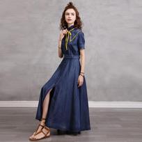 Johnature Women Dress Stand Collar Fungus Edge Short Sleeve Solid Color Button Summer Belt Vintage Dress S mėlyna