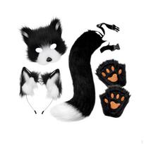 Gyvūnų ausų ir uodegos rinkinys su veido kauke Black White black