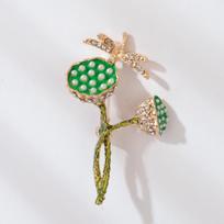 Green Rhinestone Dragonfly Lotus Pod Brooch Temperament Personalized Brooch High-End Fashion Autumn And Winter Coat Coat gray