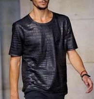 Handmade Men Stylish Genuine Lambskin Leather T-Shirt Crocodiles embossed Summer XS juoda