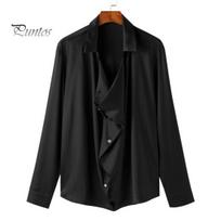 Men Party Shirt Baggy Front Design Satin Thin French Style Solid Color Lapel Loose Long Sleeve Club Shirt Single-breasted Daily Top M juoda