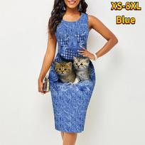 Women's Dress Sling Summer Naughty Cat Print Dresses Tight Sleeveless Slim Fit Sexy Fashion Top Clothing 8XL pilka