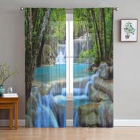 Forest Waterfall Stones Green Jungle Sheer Curtains for Living Room Decoration Window Curtains Kitchen Tulle Voile Curtains W135 x H115cm x1 black