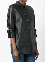 Slim Fit Genuine Lambskin Leather Stylish Handmade Women's Long Sleeve Black Shirt S juoda