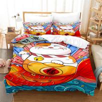 Cartoon Lucky Cat Bedding Set Bed Cover Set Lovers Bedding Kids Luxury King Size Comforter Bedding Sets Queen Duvet Cover Set UK Single 135x200cm&set gray