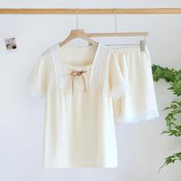 Summer New Women's Pajama Set 100% Cotton Crepe Sweet Short Sleeve Shorts Two Piece Set Casual Home Ladies M