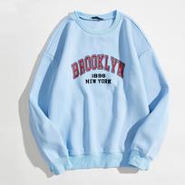 Korean Style Printed Round Neck Loose Pullover: Vibrant Solid Color Long Sleeve Top Sweatshirt 3; 2XL mėlyna