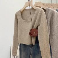 Thickened soft waxy square neck sweater for women in autumn and winter 2024 new temperament pullover sweater with base layer top One Size