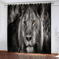 Living Room Curtains 2 Pieces Fashion 3D Animal Black And White Lion 2 Pieces Shading Window Curtains For Bedroom W70xH160cmx2&Grommet Top