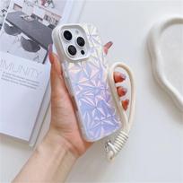 Prabangus „Aurora“ deimantinis dėklas su dirželiu-virvele „iPhone 16 15 14 13 Pro Max 12 11 16 Plus“, lazerinis spalvotas rankos riešo dirželis, atsparus smūgiams dangtelis iPhone 16 Pro Max balta