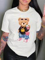 Women’s Summer Round Neck Casual Short Sleeved Top with Fashionable and Cool Bear Print T-shirts S balta