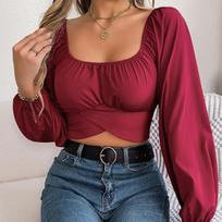 Moteriški marškinėliai ilgomis rankovėmis, kvadratiniai kaklo marškinėliai Vienspalviai marškinėliai Moteriški marškinėliai Street Wear Top S šviesiai mėlyna spalva