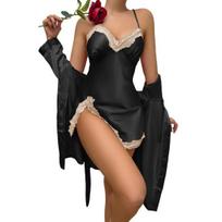 Moteriški seksualūs atlasiniai šilkiniai pižamų rinkiniai Nėriniuoti naktiniai marškiniai su chalatų komplektu Cami Mini naktinis marškinys 2 dalių kostiumas Chemise miegui XL juoda