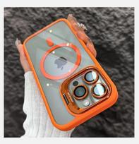 Prabangus magnetinis smūgiams atsparus telefono dėklas iPhone 15 14 13 12 11 16 Pro Max 16 Plus Funda stovas su stikliniu objektyvo apsaugos galiniu dangteliu For iPhone 15Pro Max oranžinė
