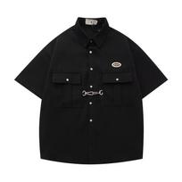 Unisex Hong Kong Style Loose Multi-Pocket Shirts with Five-Point Sleeves - Trendy Casual Tops for Teens XL juoda