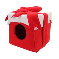 Christmas Cat Bed Christmas Box Style Soft Comfortable Lint Vivid Colors Christmas Cat Tent for Cat raudona