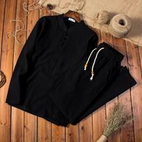 Vyriškas vienspalvis medvilnės ir lino dviejų dalių kostiumas - marškiniai ilgomis rankovėmis ir kelnės, laisvo stiliaus, didelių dydžių, skirtas pavasariui ir rudeniui 5XL juoda
