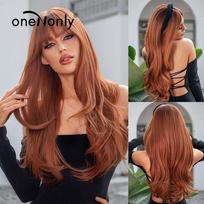 OneNonly Ginger Red perukas su kirpčiukais Ilgabangis sintetiniai perukai moterims Cosplay Natural Wig Plaukų karščiui atsparus pluoštas lc028-1 brown