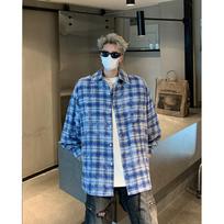Happy Hong Kong Style Casual Plaid Shirt for Men, Spring and Autumn Season Trendy Brand Jacket, Loose Fit Top for Teenagers M mėlyna