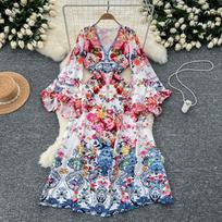 Spring Autumn Women Vintage Print V-neck Flare Sleeve Long Maxi Holiday Beach Dresses S