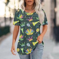 Women's Carnival Mask Print Short Sleeve Loose Round Neck Pleated Top L armijos žalia spalva