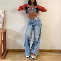 Baggy Jeans Women High Waist Mom Jeans Flare Pants Denim Straight Loose Autumn Long Streetwear Slim Fit Trousers Capris XS mėlyna